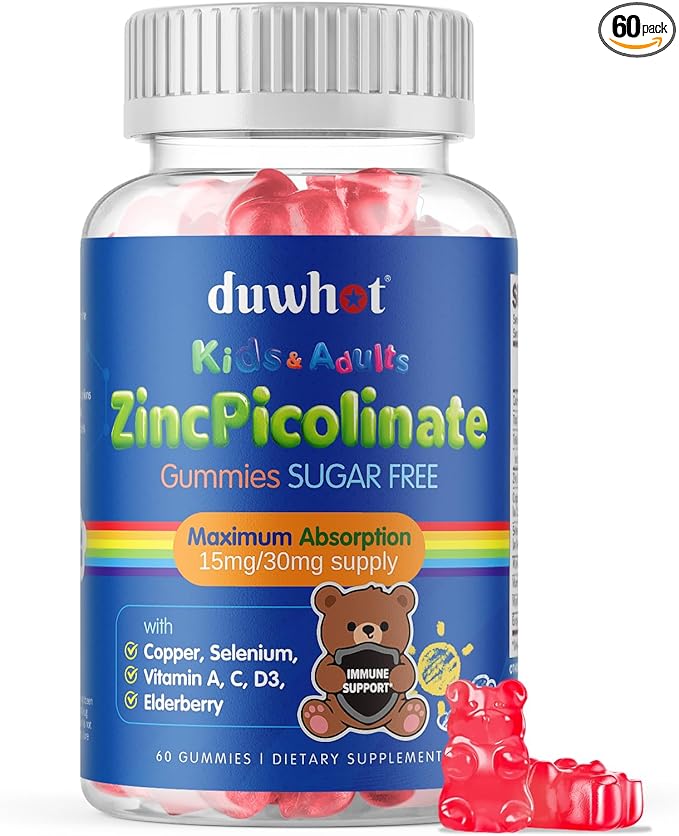 Zinc Picolinate 30mg / 15mg Gummies, High Absorption Zinc Supplements with Copper, Selenium, Elderberry, for Kids Growth, Teens Skin, Immune Health, Sugar Free, 60 Gummies