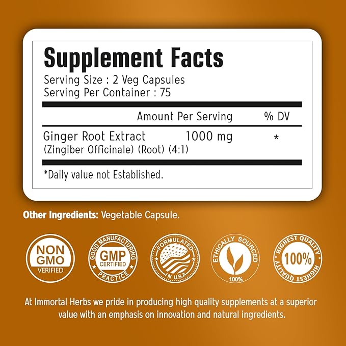 Ginger Root Capsules 1000mg, 4:1 Extract Powder, 150 Pills, Vegan, Non-GMO and Gluten-Free Ginger Supplement for Men and Women, 2 Month Supply