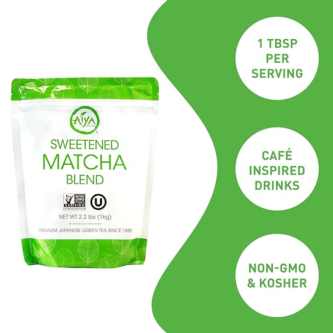 Aiya Sweetened Matcha Blend Powder - Matcha Latte Powder With Antioxidant-Rich Japanese Green Tea & Pure Cane Sugar - Ideal for Smoothies, Lattes, and Culinary Creations - 1kg Bag (2.2 lbs)