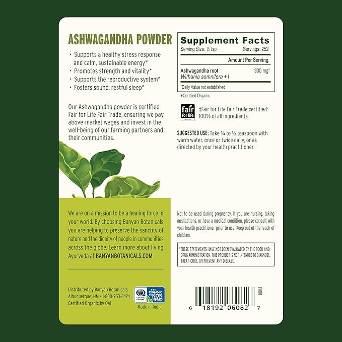 Banyan Botanicals Ashwagandha Powder – Organic Ashwagandha Root – Renowned Herbal Adaptogen for Natural Energy Support and Stress Support* – 1/2lb – Non-GMO Sustainably Sourced Vegan
