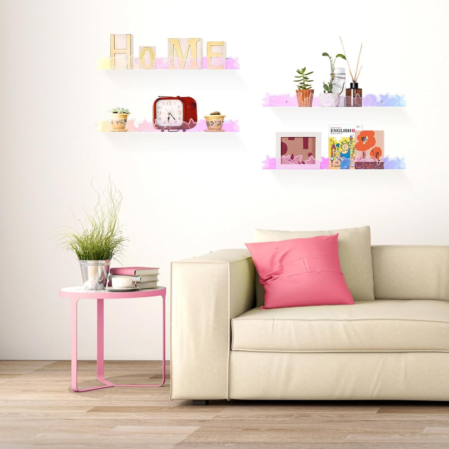 Floating Shelves for Wall,4 Pack 15.7’’x 3.5’’Adhesive Acrylic Shelves Organizer for Book Toy Photo Makeup,Wall-Mounted Kids Storage for Bathroom,Bedroom,Nursery,Iridescent Star and Moon