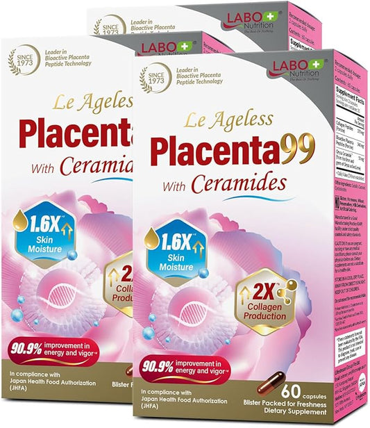 LABO Nutrition Le Ageless Placenta 99 with Ceramides -Placenta Supplement with Collagen Peptides, Oryza Ceramides-Skin Regeneration, Hydration, Anti-Aging Wrinkle Support, Immune Health, 60 Capsulesx3