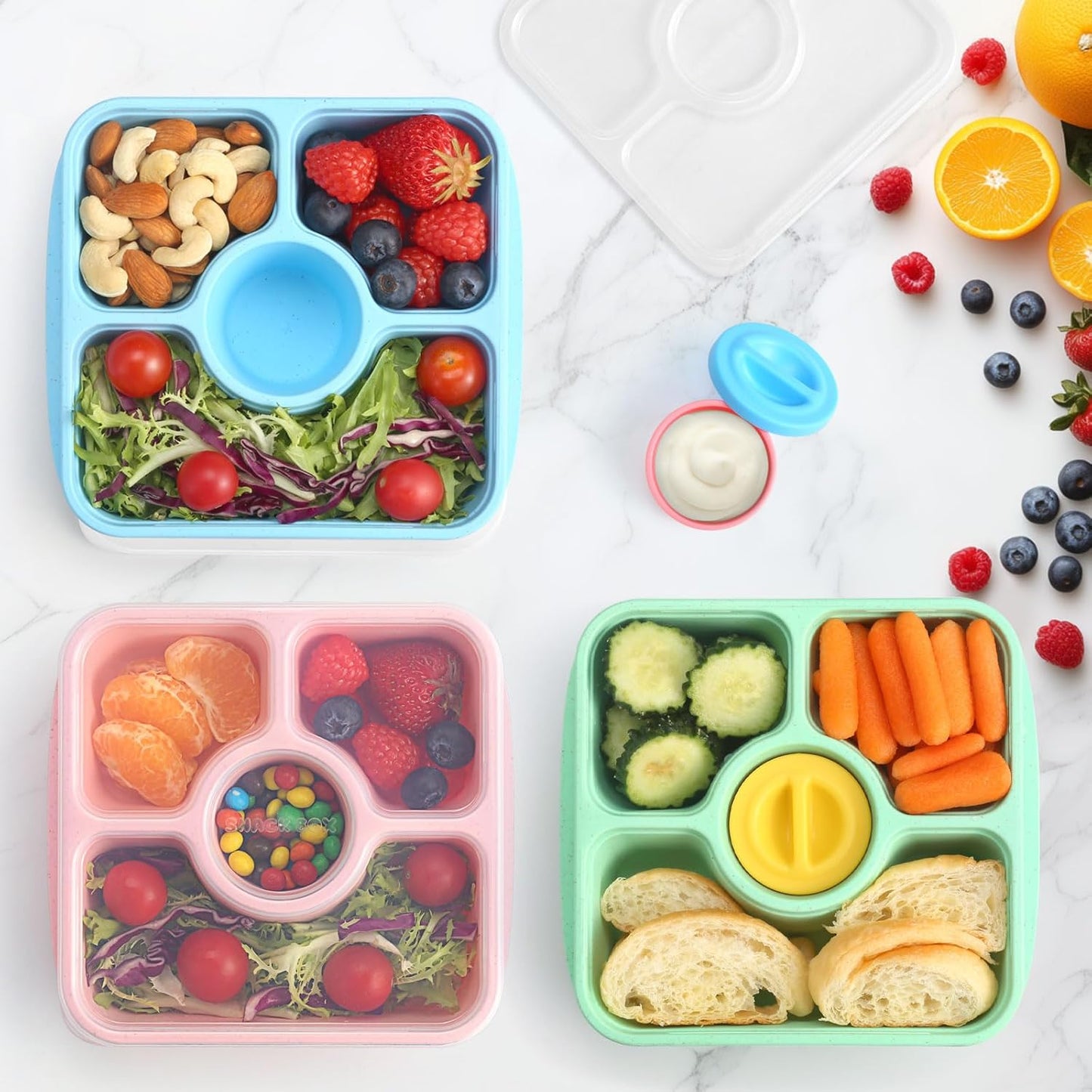 Bento Snack Box Containers for Adults Kids, 4 Pack Lunchable Meal Prep Containers Reusable, Stackable Bento Lunch Box, Food Storage Prep Containers with Lids and 4 Sauce Cups, Pastel Color, Clear Lid