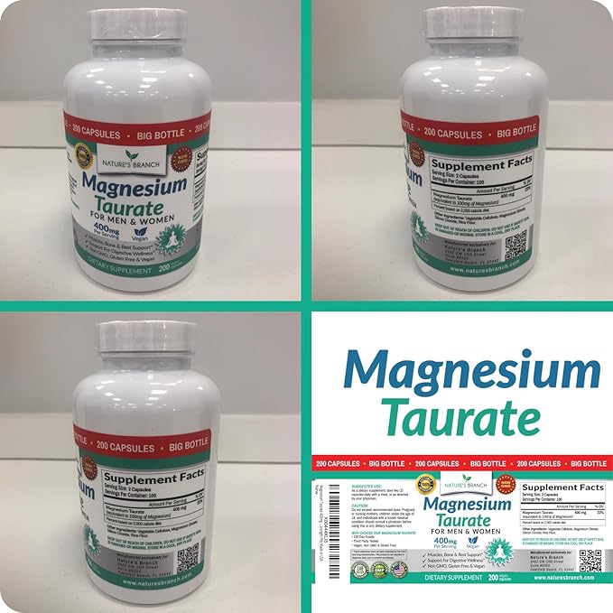 Magnesium Taurate 400mg - 200 Capsules - High Absorption for Sleep, Heart Health, Calm, Joint Supplement for Women and Men - Made in USA, Pure Elemental Mag Powder Plus Taurine - Extra Strength Pills