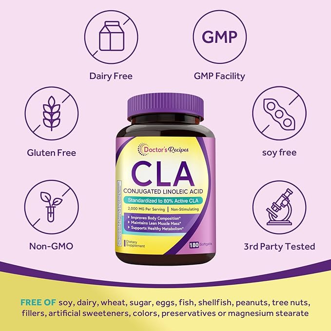 Doctor's Recipes CLA Supplements 2000mg, 80% Conjugated Linoleic Acid from Safflower Oil, for Women & Men, Non-Stimulating, Support Healthy Metabolism & Lean Mass, Non-GMO, 180 Softgels