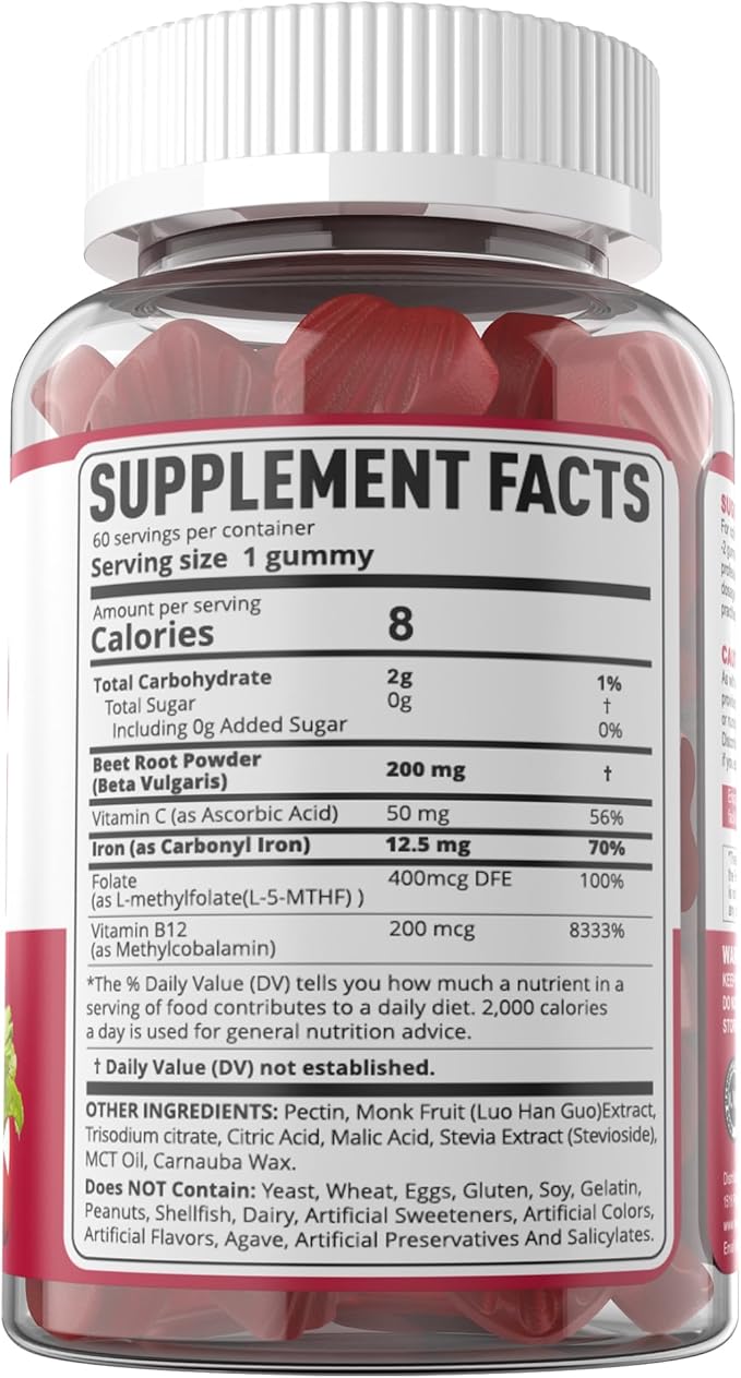 Beet Root Gummies with Iron, Methyl B12, Folate, Vitamin C - Increase Nitric Oxide & Iron Levels, Energy Support, Fight Fatigue, Beetroot & Gentle Iron Supplement, Sugar Free, 120 Count