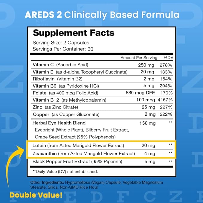 AREDS 2 Eye Vitamins | Lutein & Zeaxanthin Supplement | AREDS2 Plus Multivitamin Eye Health Supplement with Carotenoids, Bilberry Extract | Vitamins for Dry Eyes & Vision Health | 60 Vegan Capsules
