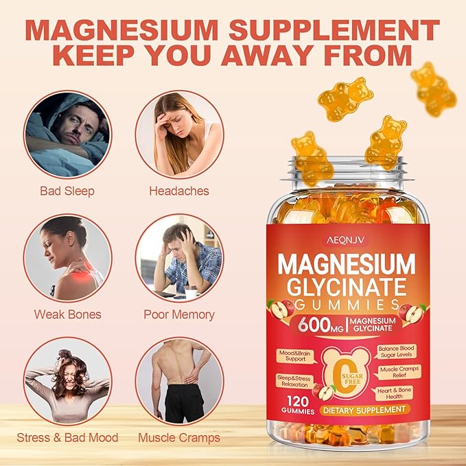 Magnesium Glycinate Gummies 600mg High Absorption, Magnesium Glycinate for Women and Men with Vitamin D, B6, and CoQ10 for Adults & Kids, Magnesium Supplement for Calm Support & Sleep, 120 Count
