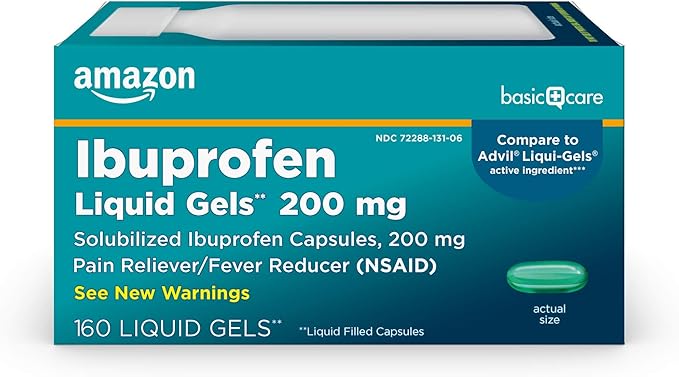 Amazon Basic Care Ibuprofen Liquid Gels 200 mg, Pain Reliever/Fever Reducer Liquid Filled Capsules, For Headache, Toothache, Backache, Menstrual Cramps and More, 160 Count