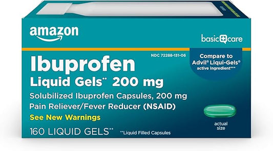 Amazon Basic Care Ibuprofen Liquid Gels 200 mg, Pain Reliever/Fever Reducer Liquid Filled Capsules, For Headache, Toothache, Backache, Menstrual Cramps and More, 160 Count
