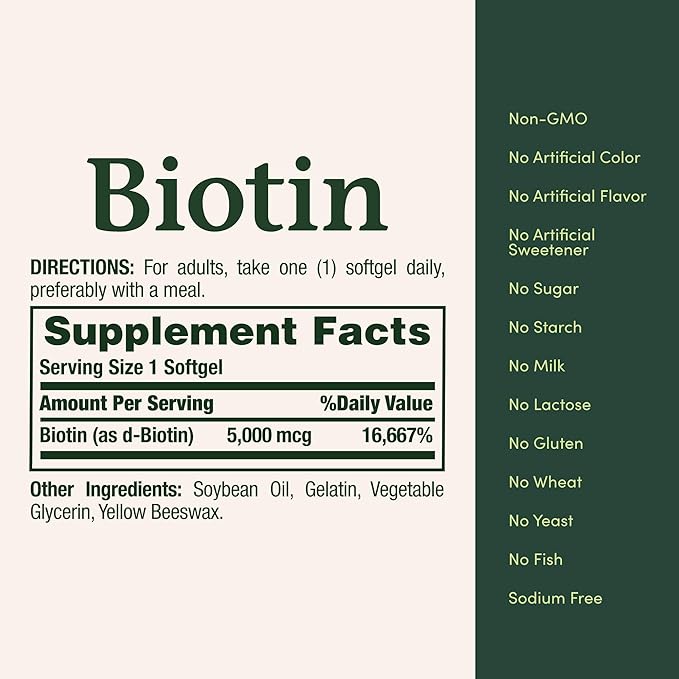 Nature’s Bounty Biotin Supplement, Supports Healthy Hair, Skin & Nails, 5000mcg, 72 Rapid Release Softgels