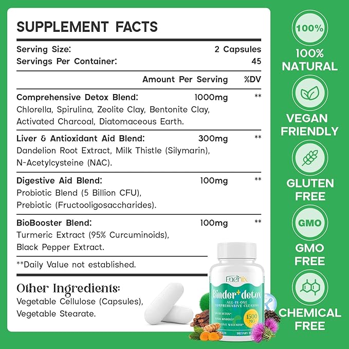 15-in-1 Detox Binder, Activated Charcoal, Zeolite & Bentonite Clay, Chlorella, 1500 MG Detox Supplement Maximum Absorbent, Liver Gut Digestive Detox Cleanse, 90 Vegan Capsules