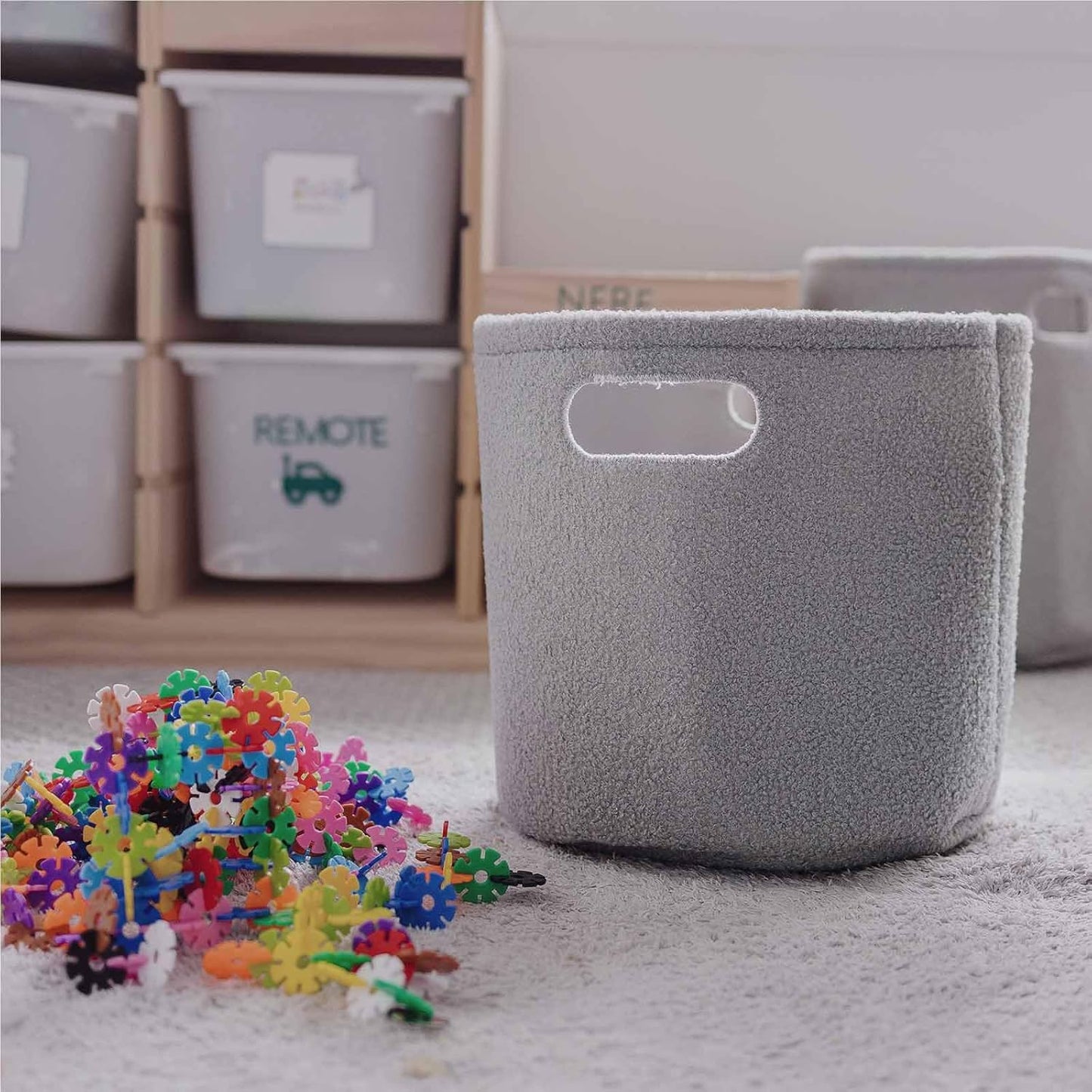 PUTSKA Basket – Round Storage for Toys and Clothes, Stuffed Animals – Soft Baby Girl Basket for Nursery, Kids Room, Bedroom, Living Room – Regular, Grey