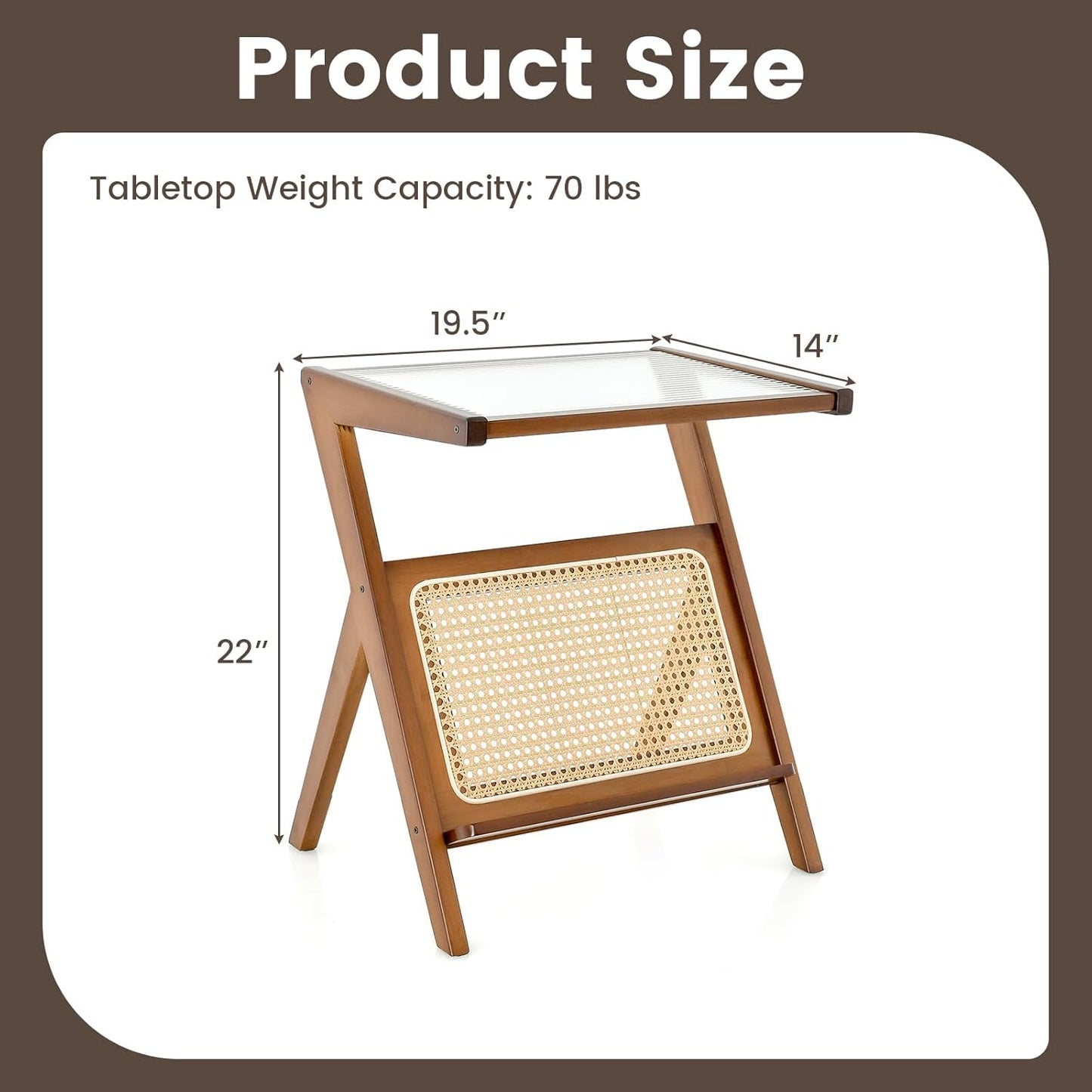 GOFLAME Rattan Side Table Set of 2, Z-Shaped End Table with Tempered Glass Top, Magazine Rack, Boho Night Stand, Small Coffee Table, Bamboo Accent Bedside Table for Living Room, Bedroom, Walnut
