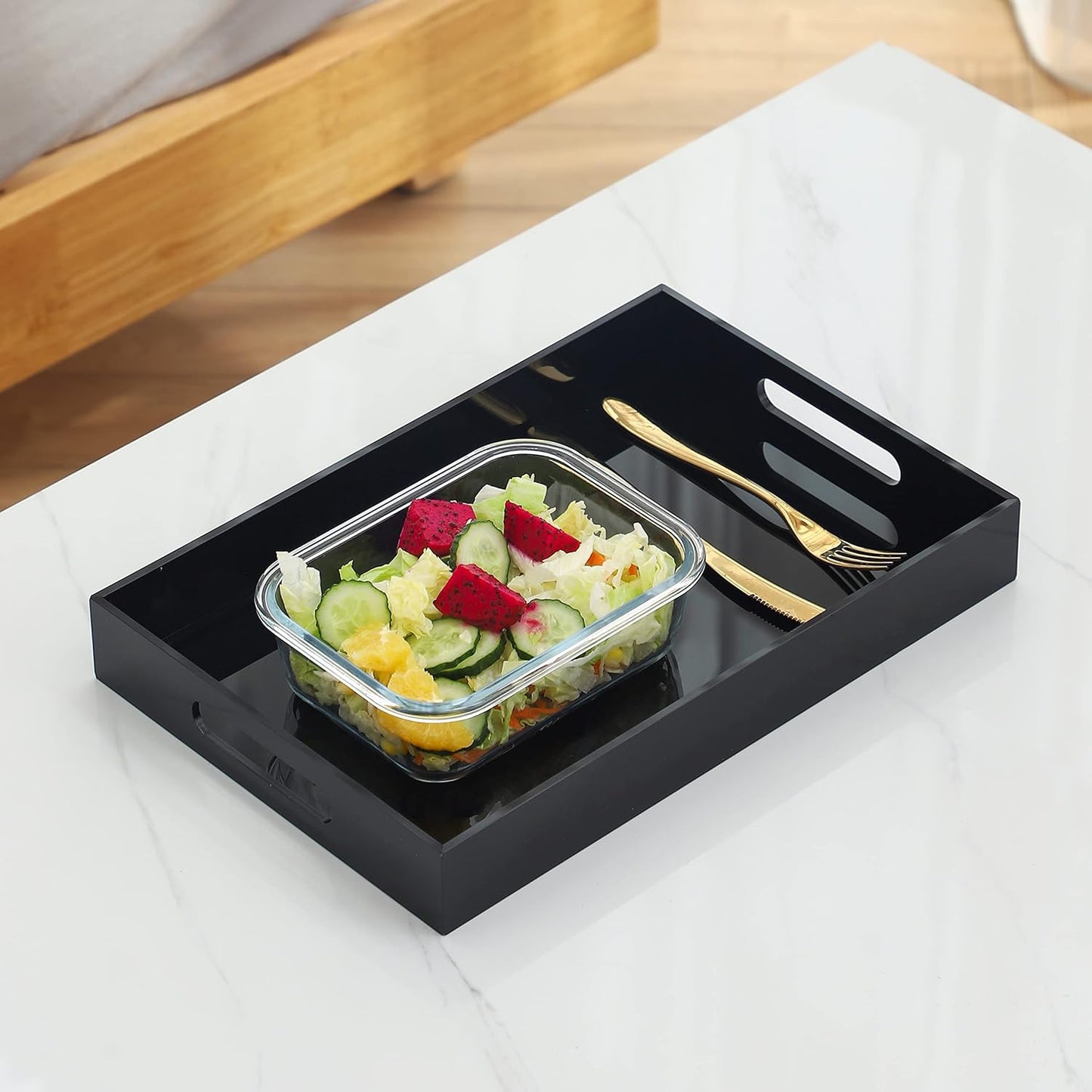 Black Oversize Acrylic Serving Tray with Handles 12x20 Inch -Spill Proof- Decorative Trays Countertop Organizer for Ottoman,Nightstand, Sidetable, Butler (12X20 Inch, Black)