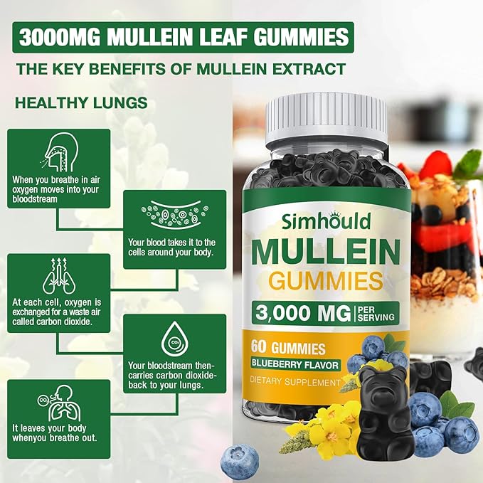 1 Pack Sugar Free 3000MG Mullein Gummies - Lung Cleanse, Mullein Leaf Extract Supplement for Respiratory, Organic Mullein Drops with Quercetin & Bromelain for Lung, Digestive Health & Immune