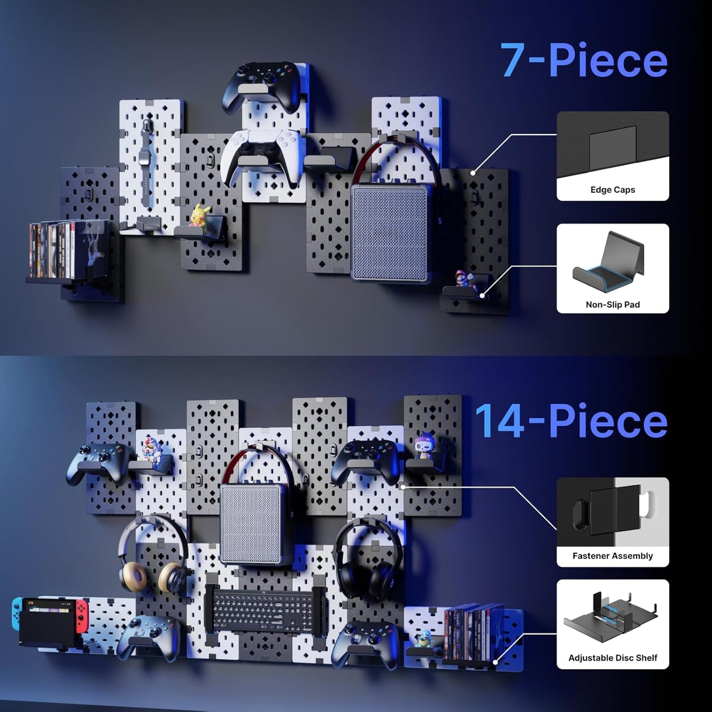 PEGZONE Controller and Headphone Holder Wall Mount, Modular Gaming Pegboard with Accessories, Controller Stand for Xbox PS5 PS4 Switch, Video Game Storage, Disc Shelf, 7pcs Pegboard, Black & White