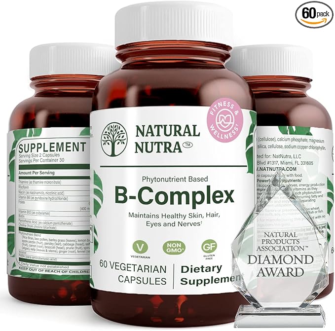 Natural Nutra Vitamin B Complex with Niacin, Folate, Thiamin, Biotin, Supports Nervous System Health, Promotes Metabolism, Skin, Eyes and Hair Health, Whole Food Supplement, 60 Vegetarian Capsules