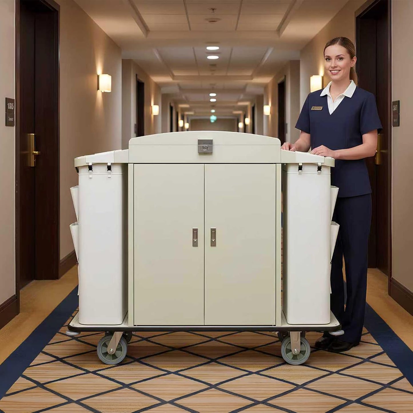 Heavy Duty Metal Housekeeping Janitorial Cart,Silent Casters,Locking Large Capacity Cabinets,Cleaning cart for Housekeeping/Commercial Facility/Hotel/Stadium/School(White)