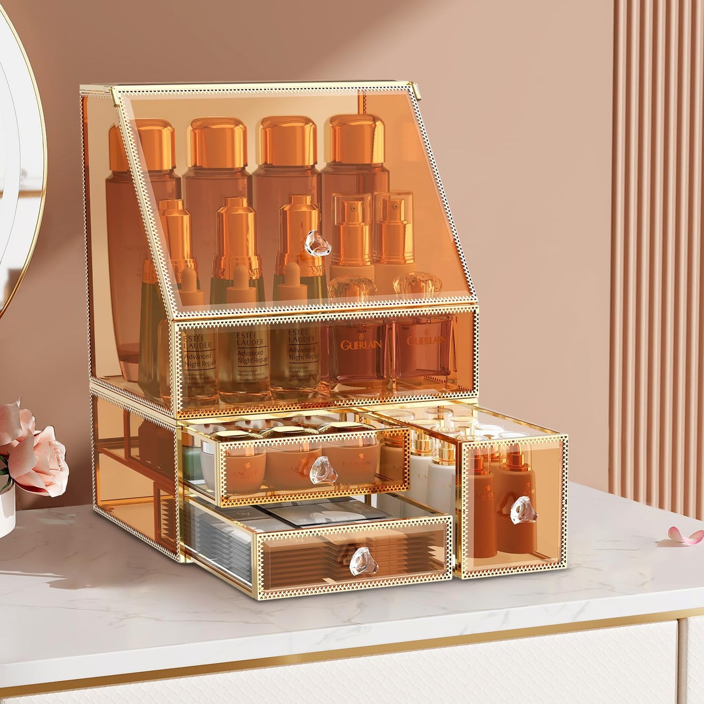 Makeup Organizer Countertop,Amber Makeup Organizer with Drawer, Skincare Holder for Bathroom Countertop,Cosmetic Display Case for Dresser