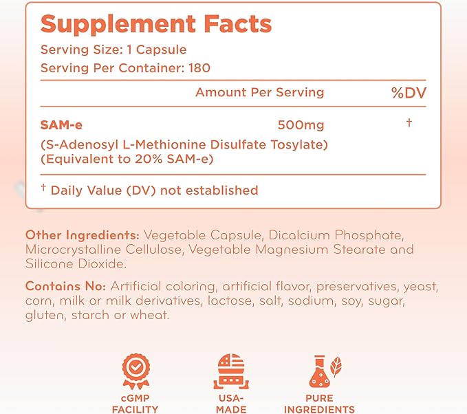 Bioactive SAM-e 500mg - High Strength SAM-e Supplement with Biologically Active S,S Form for Liver and Mood Support - Vegan Non-GMO Preservative Free - Made in The US (180 Servings)