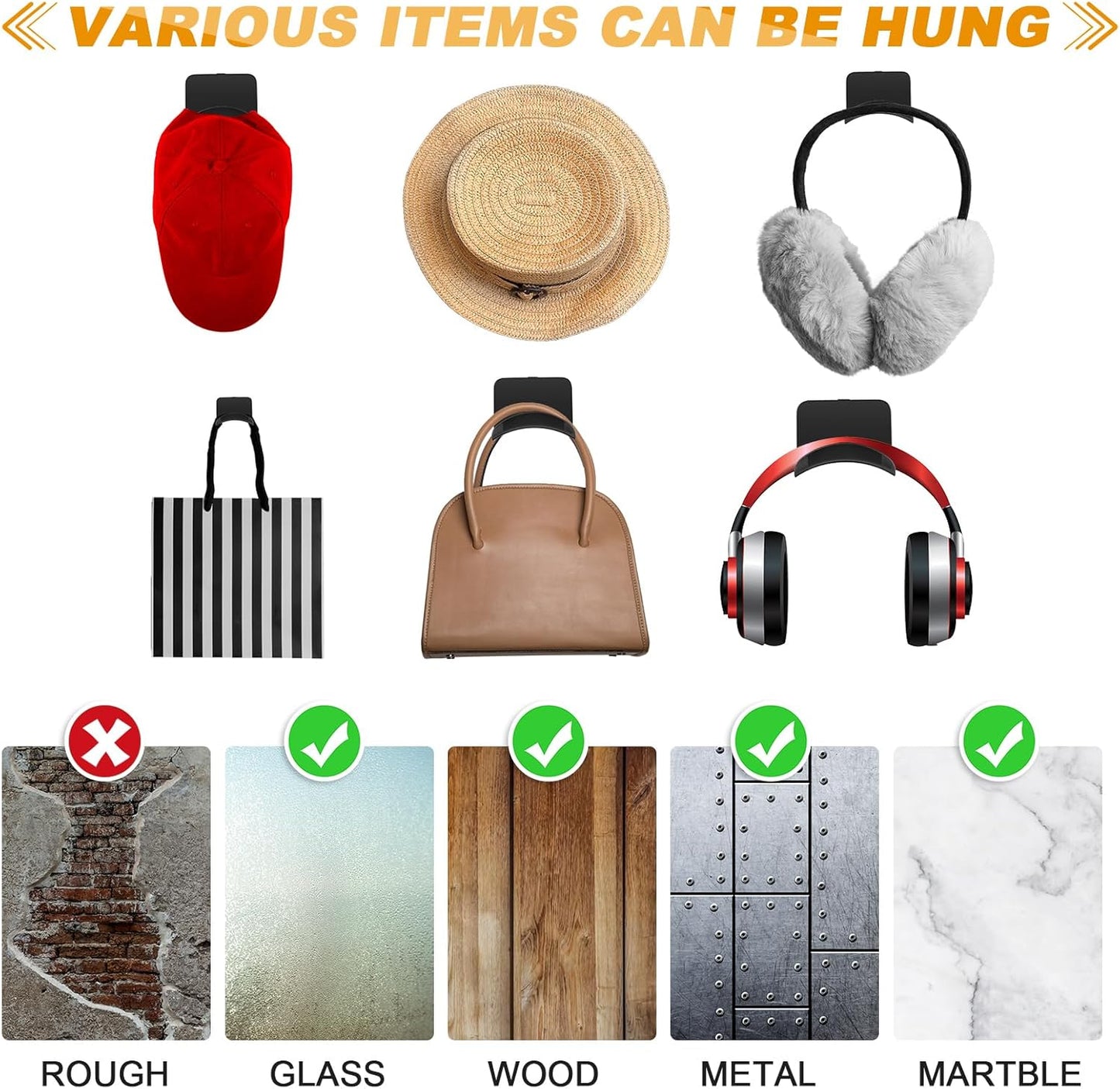 Headphone Wall Hangers Adhesive Gaming Headset Holder Hooks for Wall Mount Strong Universal Stand Hooks for Most Headphone Controller, Hat, Baseball Caps, Door, Closet(Black,60 Pcs)