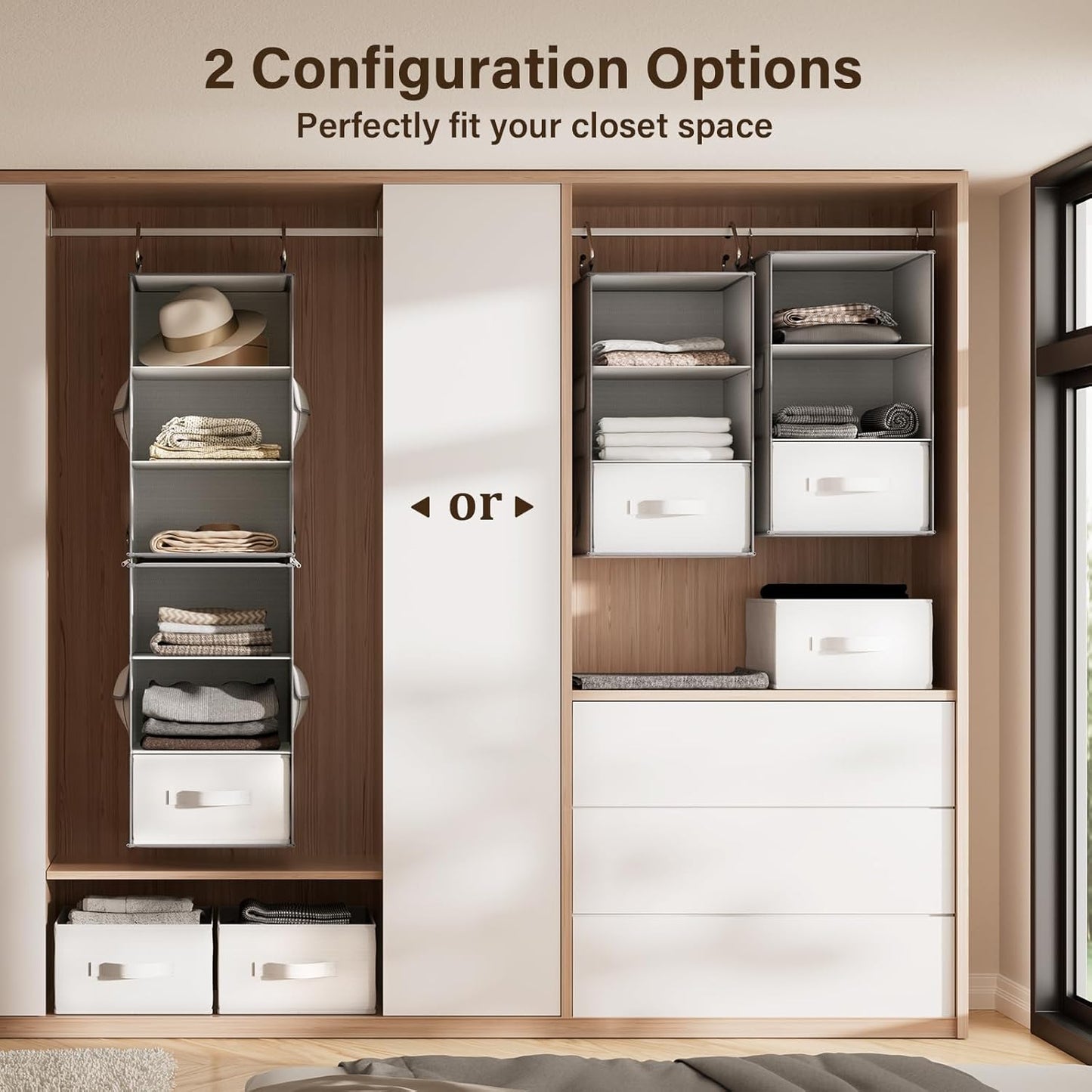 Pipishell 6-Shelf Hanging Closet Organizer, Hanging Shelves with 2 Separable 3-Tier Shelves, Closet Shelves Organizer with 3 Removable Drawers for Bedroom, Dorm Room, Camper and Nursery (White)