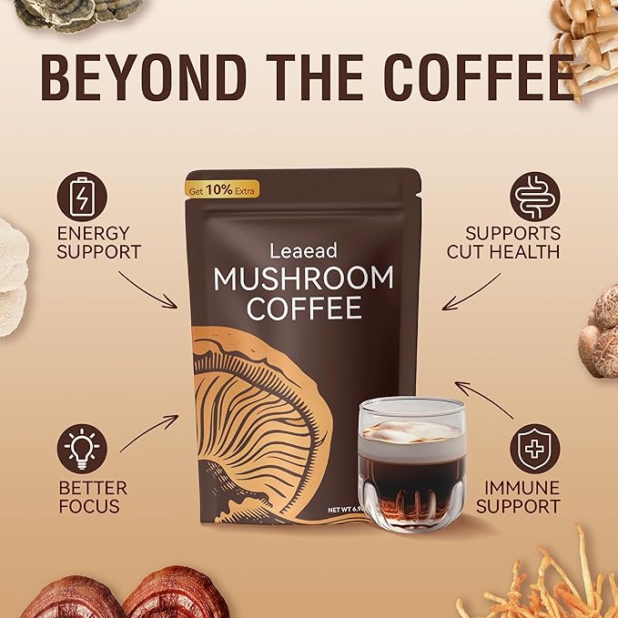 Organic with 6 Adaptogenic Mushrooms and MCT Oil Mushroom Coffee for Better Energy Focus Digestion Immunity with Turkey Tail Shiitake and Lion's Mane 33 Servings