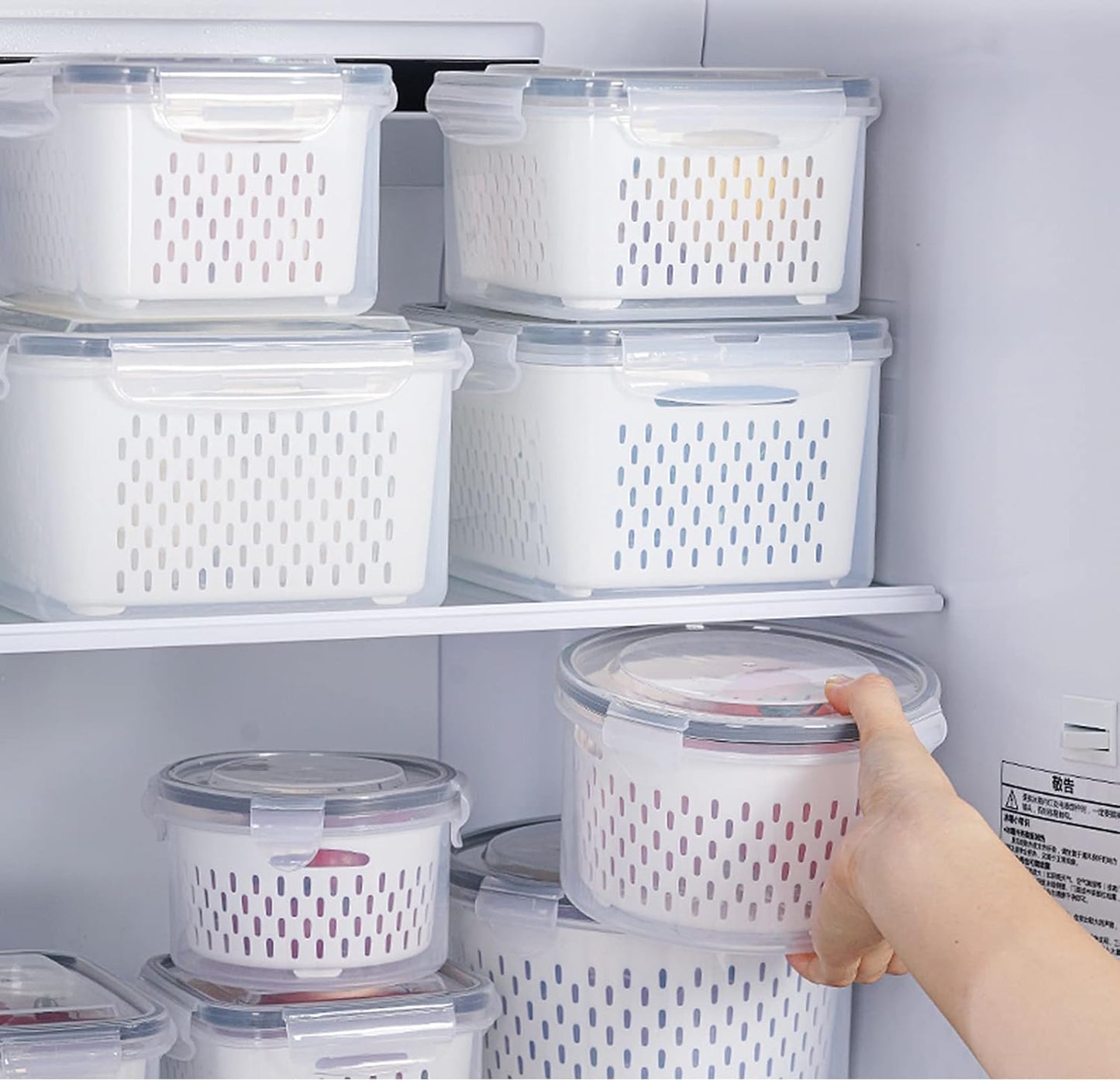 3Pack Fridge Food Storage Container Set with Lids with Strainer, Fruit Vegetable Storage Containers Keep Fruits, Vegetables, Berry, Meat Fresh longer, BPA-Free Plastic Produce Keepers