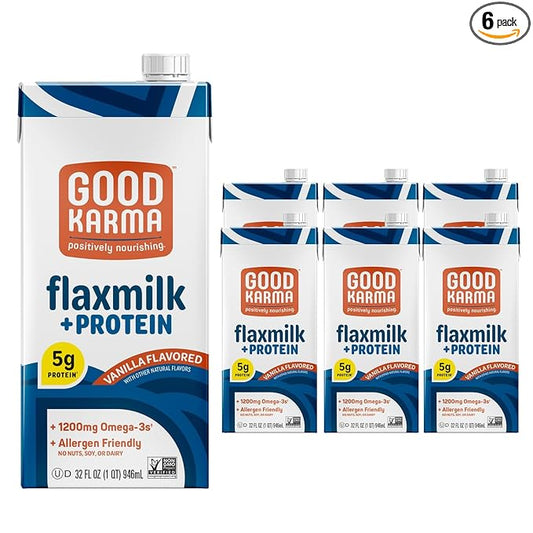 Good Karma Vanilla Flaxmilk +Protein, 32 Ounce (Pack of 6), 5g Plant Protein + 1200mg Omega-3 Per Serving, Plant-Based Non-Dairy Milk Alternative, Lactose Free, Nut Free, Vegan, Shelf Stable