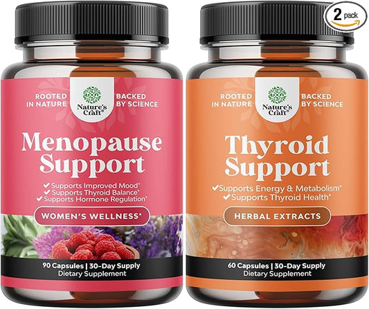 Bundle of Complete Herbal Menopause Supplement for Women for Night Sweats Mood and More with Dong Quai Vitex Chaste Berry and Herbal Thyroid Support Complex Mood Enhancer Energy Supplement for Thyroid