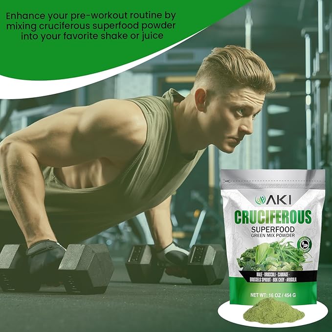 AKI Cruciferous Superfood Green Mix Powder - Made from Kale, Broccoli, Brussels Sprouts, Cabbage - Packed with Essential Phytonutrients & Vitamins ((16oz/454g))