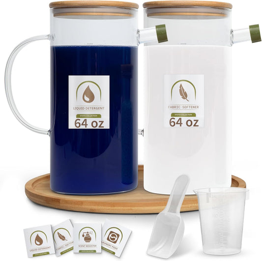 Glass Laundry Detergent Dispenser Set of 2 - Extra Large 2X 64oz Liquid Soap Container with Bamboo Tray - Laundry Room Organization & Storage - Fabric Softener, Pod, Scent Booster