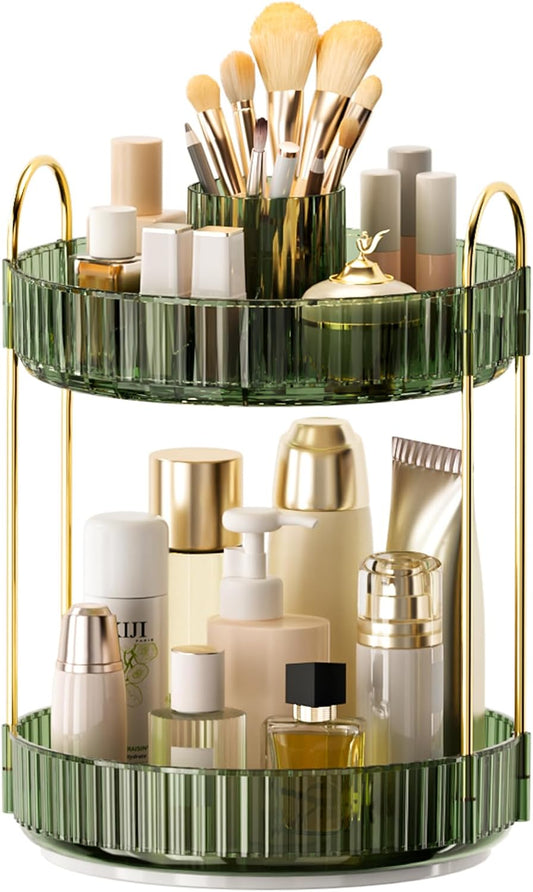 360° Rotating Makeup Organizer, Upgraded 2 Tier Skincare Perfume Organizers for Women, Bathroom Organizer Countertop, Clear Cosmetic Dresser Organizer with Makeup Brush Holder, Sink&Counter (Green)