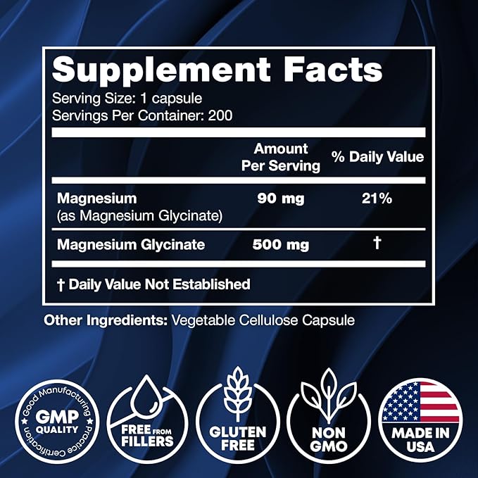Magnesium Glycinate 500MG - Magnesium for Sleep - High Absorption Chelated Mag Supplement - Glicinato De Magnesio 400mg + 100mg - Mag Glycinate for Women, for Kids - 200 Vegan Capsules