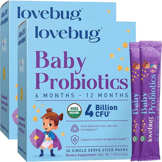 LOVEBUG Award Winning USDA Organic Probiotic for Babies | Multi-Strain 4 Billion CFU | Easy-to-Take Powder | Sugar Free | Ages 6-12 Months | 60 Packets