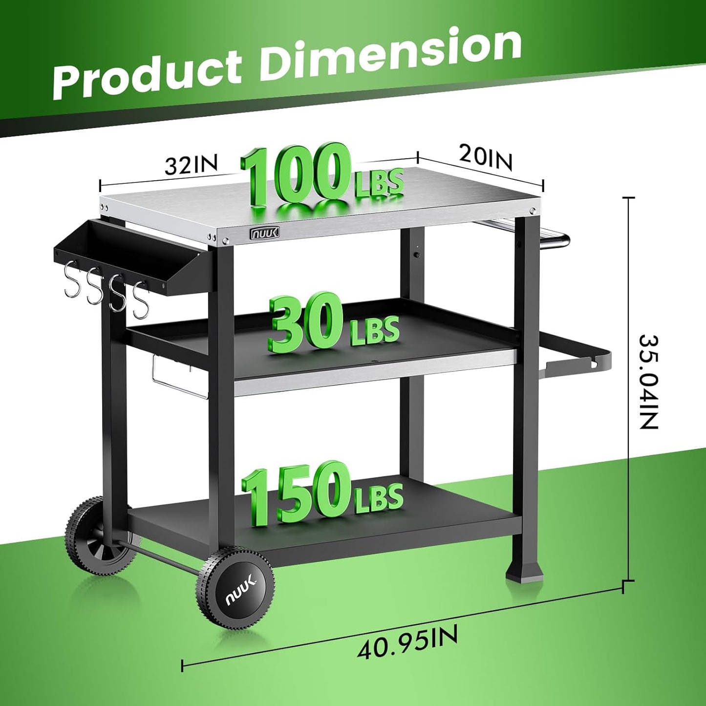 NUUK 3-Shelf Grill Cart for Outdoor with Stainless Steel Top – 20" x 32" Movable Pizza Oven Stand with Wheels Kitchen Prep Table BBQ Cart Worktable