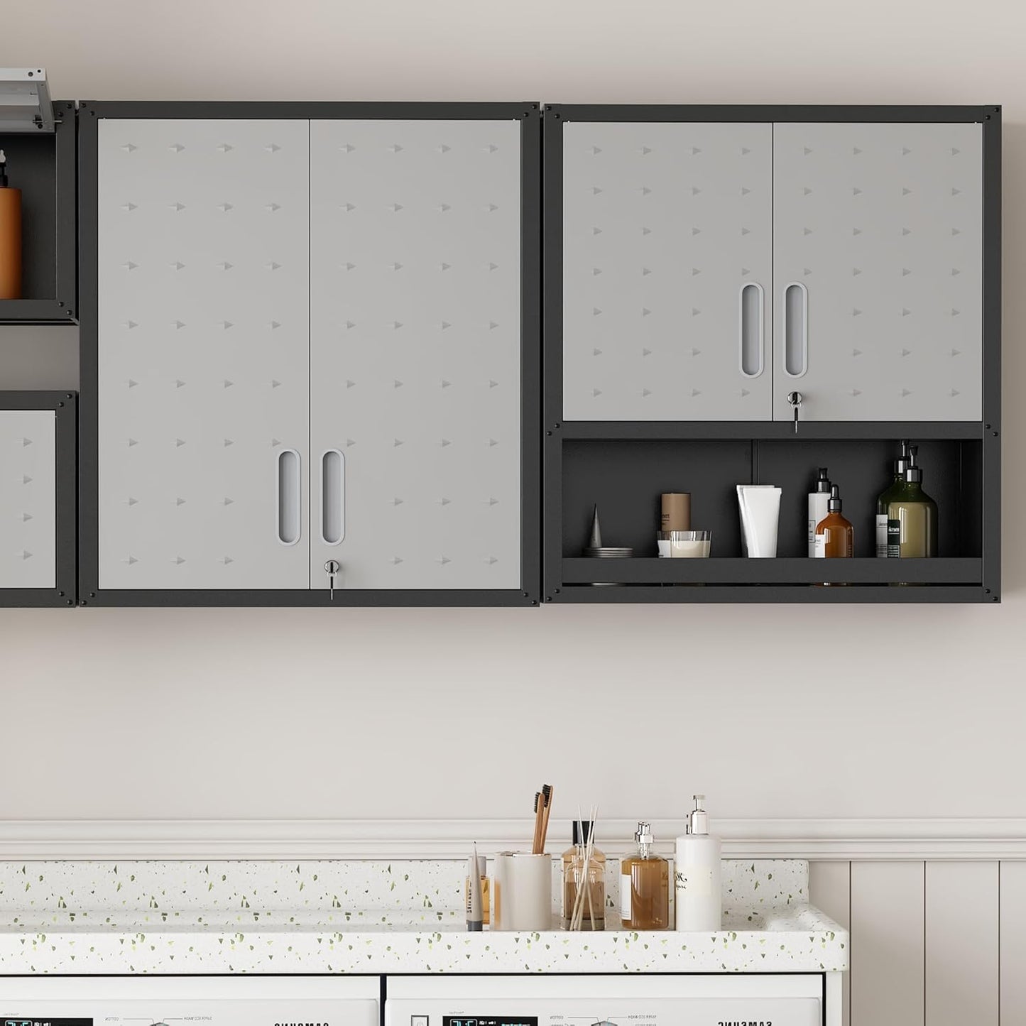 Metal Wall Cabinet, Garage Wall Cabinet with Adjustable Shelf for Garage, Tool Room, Kitchen, Assembly Required(Black and Gray)
