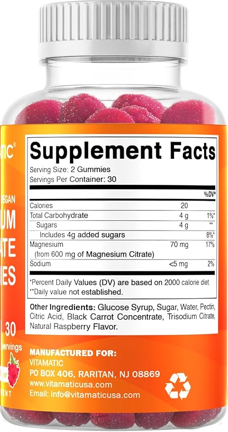 Vitamatic Magnesium Gummies 600mg per Serving – 60 Vegan Count for Relaxation, Muscle, Bone, and Energy Support