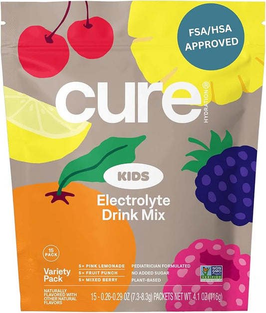 Cure Hydration - Kids Electrolyte Drink Mix | Plant-Based Pediatrician Formulated Rehydration | No Added Sugar, Non-GMO, Gluten-Free, No Artificial Flavors | 15 Packets - Variety Pack