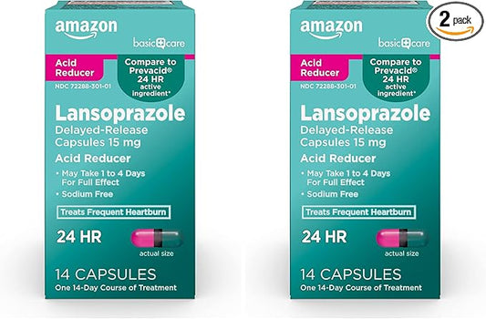 Amazon Basic Care Lansoprazole Delayed Release Capsules, 15 mg, Treats Frequent Heartburn, 14 Count (Pack of 2)