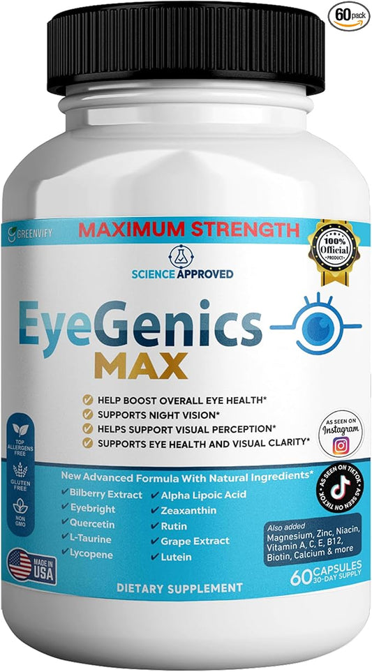 EyeGenics Max Vision Support Supplement, 60 Capsules, Maximum Strength Eye Health Formula with Lutein, Bilberry Extract, Vitamins (1)