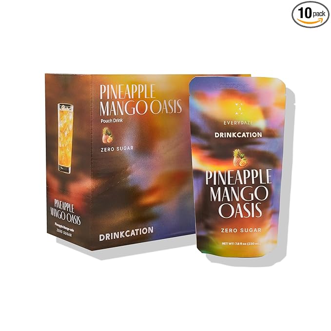 EVERYDAZE Drinkcation Zero Sugar Ready to Drink Fruit Ade with Real Fruit Concentrate | Korean Convenience Store Drink | 7.8 fl oz Pouches x (10 Pack), Low Calorie (Pineapple Mango Oasis)