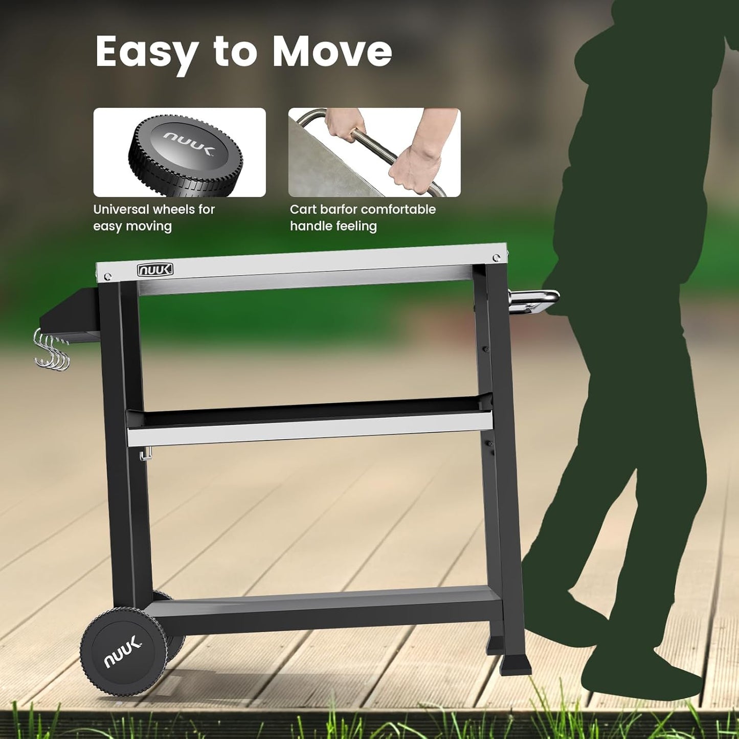 NUUK 3-Shelf Grill Cart for Outdoor with Stainless Steel Top – 20" x 32" Movable Pizza Oven Stand with Wheels Kitchen Prep Table BBQ Cart Worktable