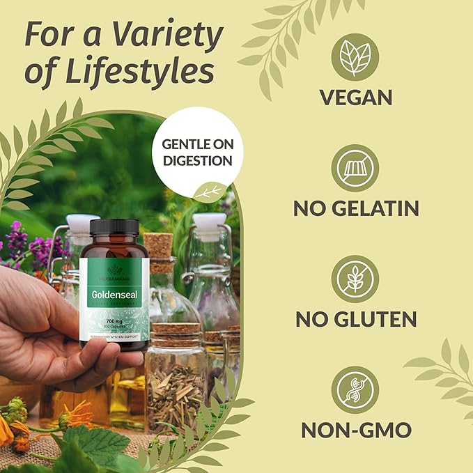 HERBAMAMA Goldenseal Root Capsules 700mg - Respiratory System & Immune Support with Goldenseal Powder Supplement - Vegan, Non-GMO