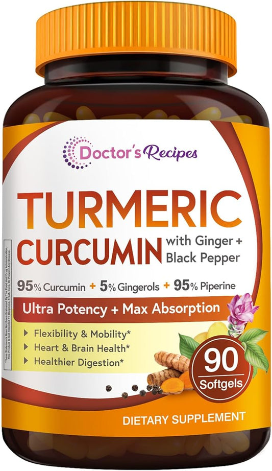 Doctor's Recipes Turmeric Softgel 750mg Curcuminoids (95%) with Ginger Extract (5% gingerols) for Antioxidant Function, Mobility & Flexibility, Black Pepper for Optimal Absorption, 90 Softgels