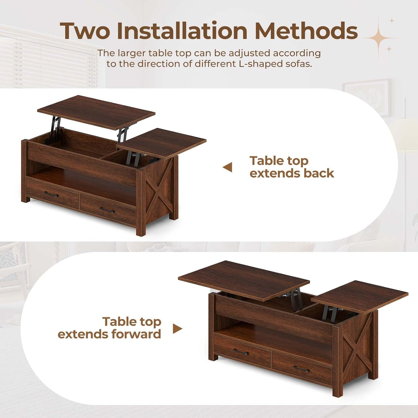 Seventable Coffee Table, 47.2" Lift Top Coffee Table with 2 Storage Drawers and Hidden Compartment, Farmhouse Center Table with Wooden Lift Tabletop, for Living Room,Espresso
