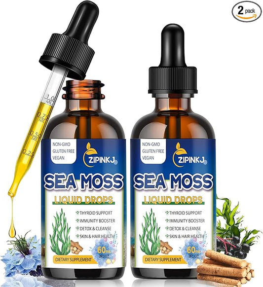 Organic Sea Moss Drops, 11 in 1 Black Seed Oil & Irish Liquid Sea Moss Gel Ashwagandha Burdock Root, Spirulina, Bladderwrack, Elderberry for Digestion, Immunity, Skin Hair Health, Non-GMO - 4 Fl Oz
