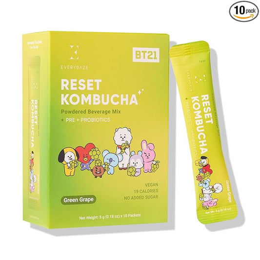 Everydaze BT21 Reset Kombucha Tea Powdered Beverage Mix | 10 Sticks | Prebiotics + Probiotics | Vegan | No Added Sugar, Gluten Free, Sparkling Powder Drink Pack (Green Grape)