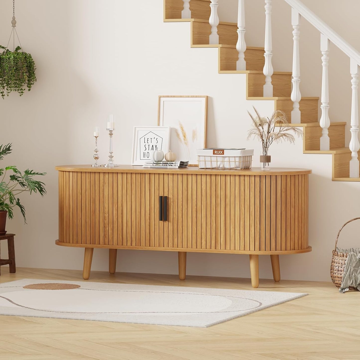 Mid Century Modern TV Stand Media Console with 4 Storage Compartments & Sliding Doors Entertainment Center for ups to 65 Inch Tvs Wood TV Cabinet Furniture for Living Room Bedroom (Natural)